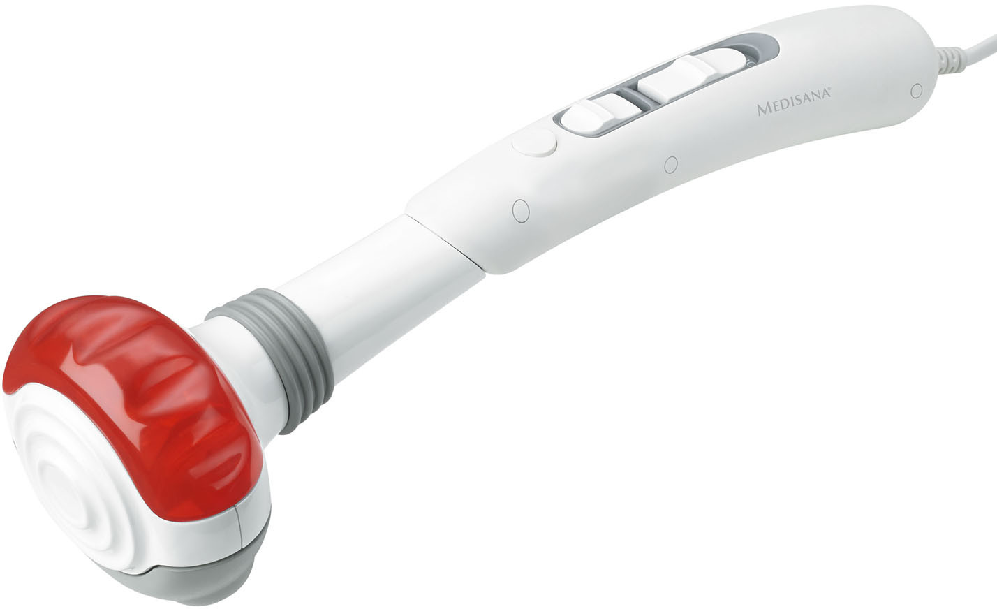 Witte massageapparaat met rode massagekop, schuin op witte achtergrond, knoppen op de handgreep.