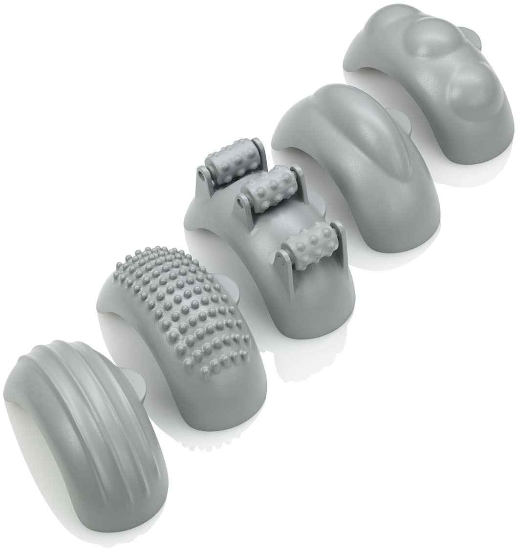 Vijf grijze massagegereedschappen. Verschillende vormen voor lichaamsmassage, witte achtergrond.