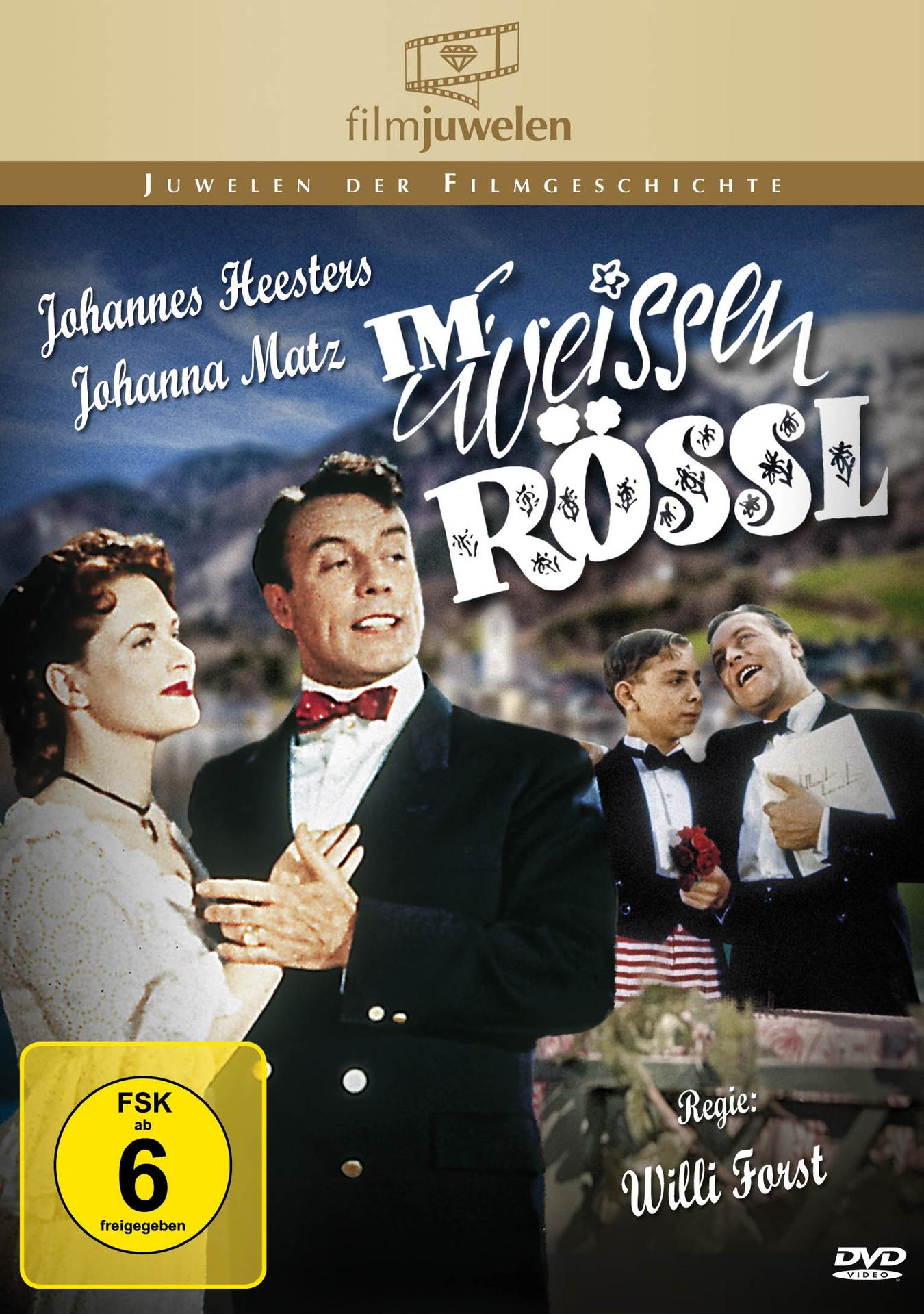 DVD-Cover für „Im Weissen Rössl“. Zeigt Schauspieler in formeller Kleidung, mit Bergkulisse und dem Filmtitel.