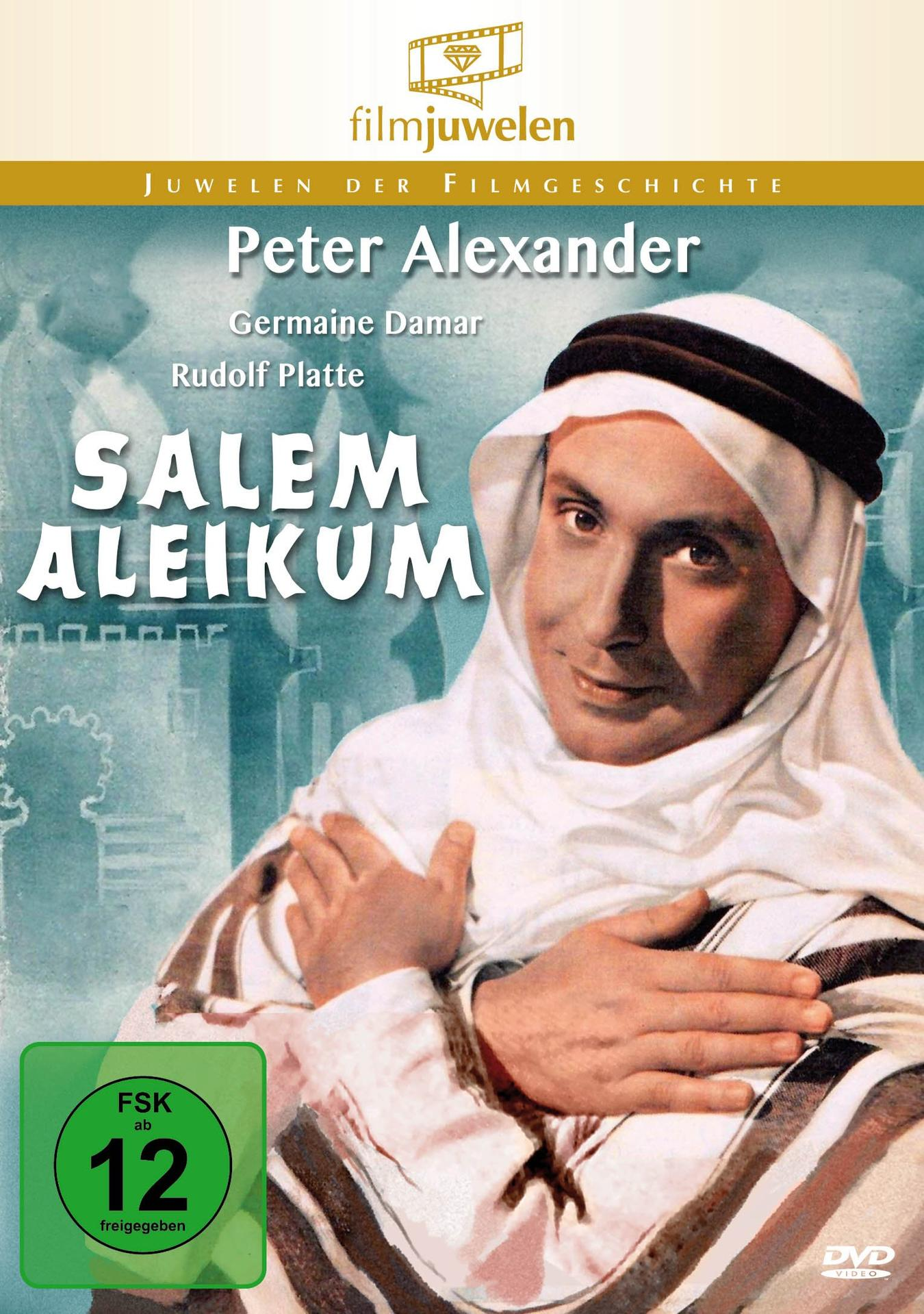 Filmcover. Mann in weißer Kopfbedeckung, Titel 'Salem Aleikum'. Peter Alexander ist der Hauptdarsteller.