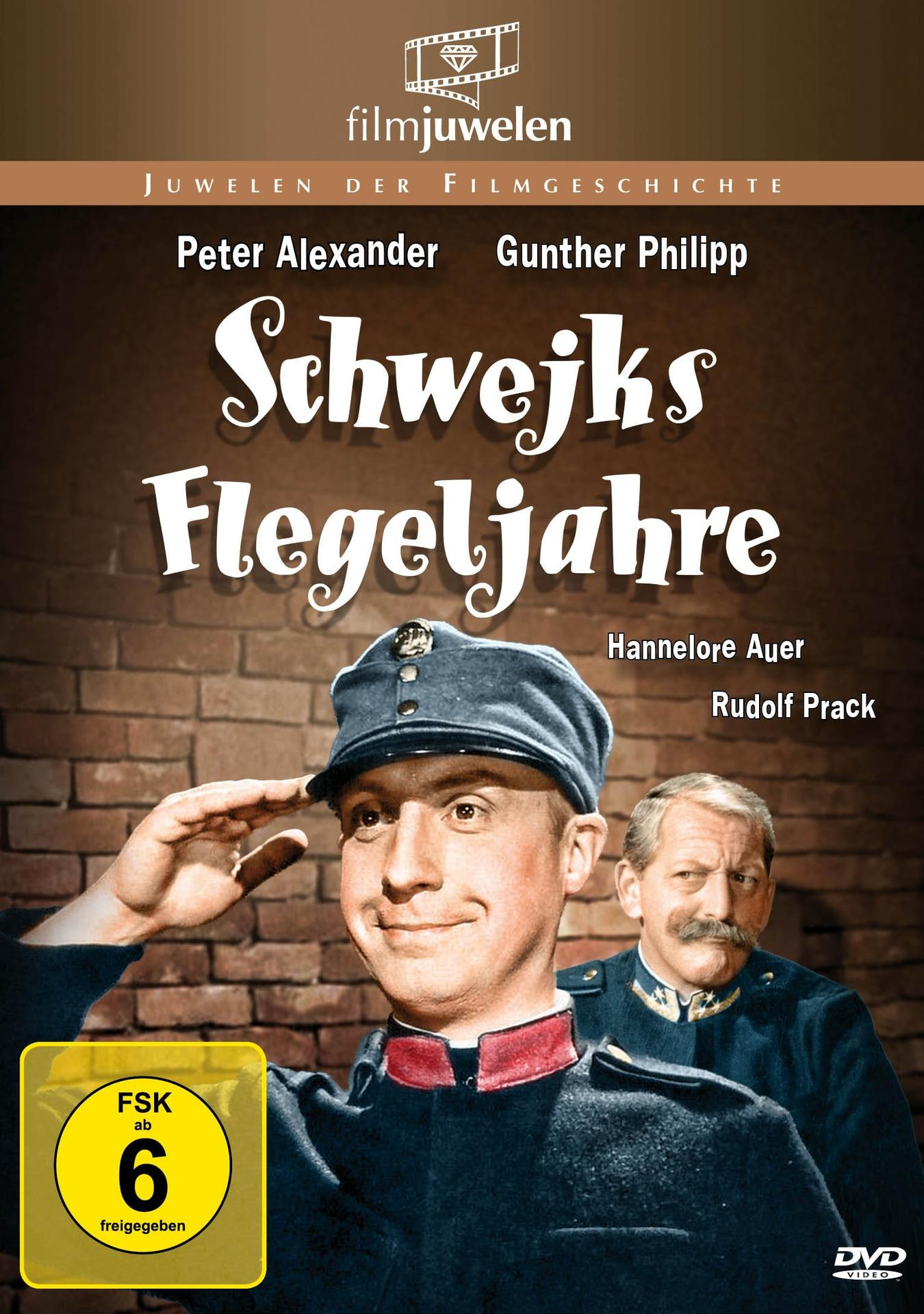 DVD-Cover von "Schwejks Flegeljahre" mit Peter Alexander und Gunther Philipp. Ein Soldat salutiert. Backsteinmauer im Hintergrund.