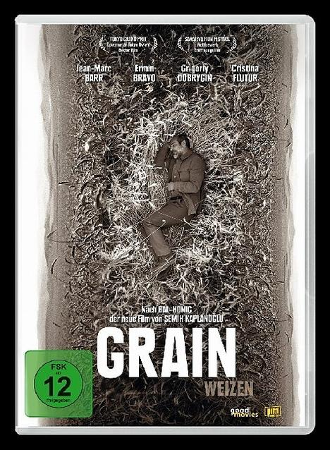 DVD-Hülle für 'Grain' mit Mann im Feld, Sepia-Ton.