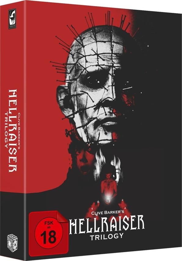 Hellraiser Trilogy DVD-Hülle. Ein Gesicht mit Nadeln und ein rot-schwarzes Farbschema.