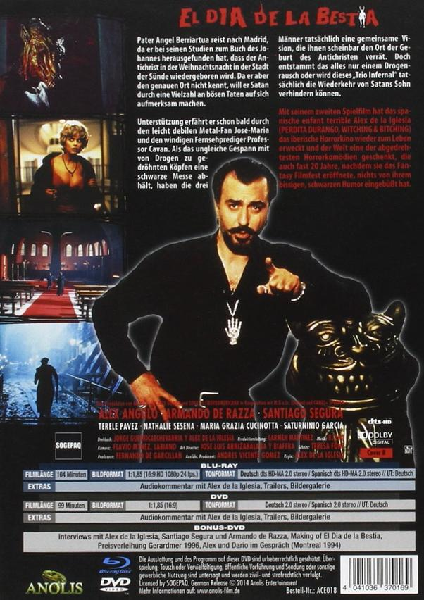 DVD-Hülle eines Films mit Text und Bildern. Ein Mann zeigt. Text auf Spanisch.