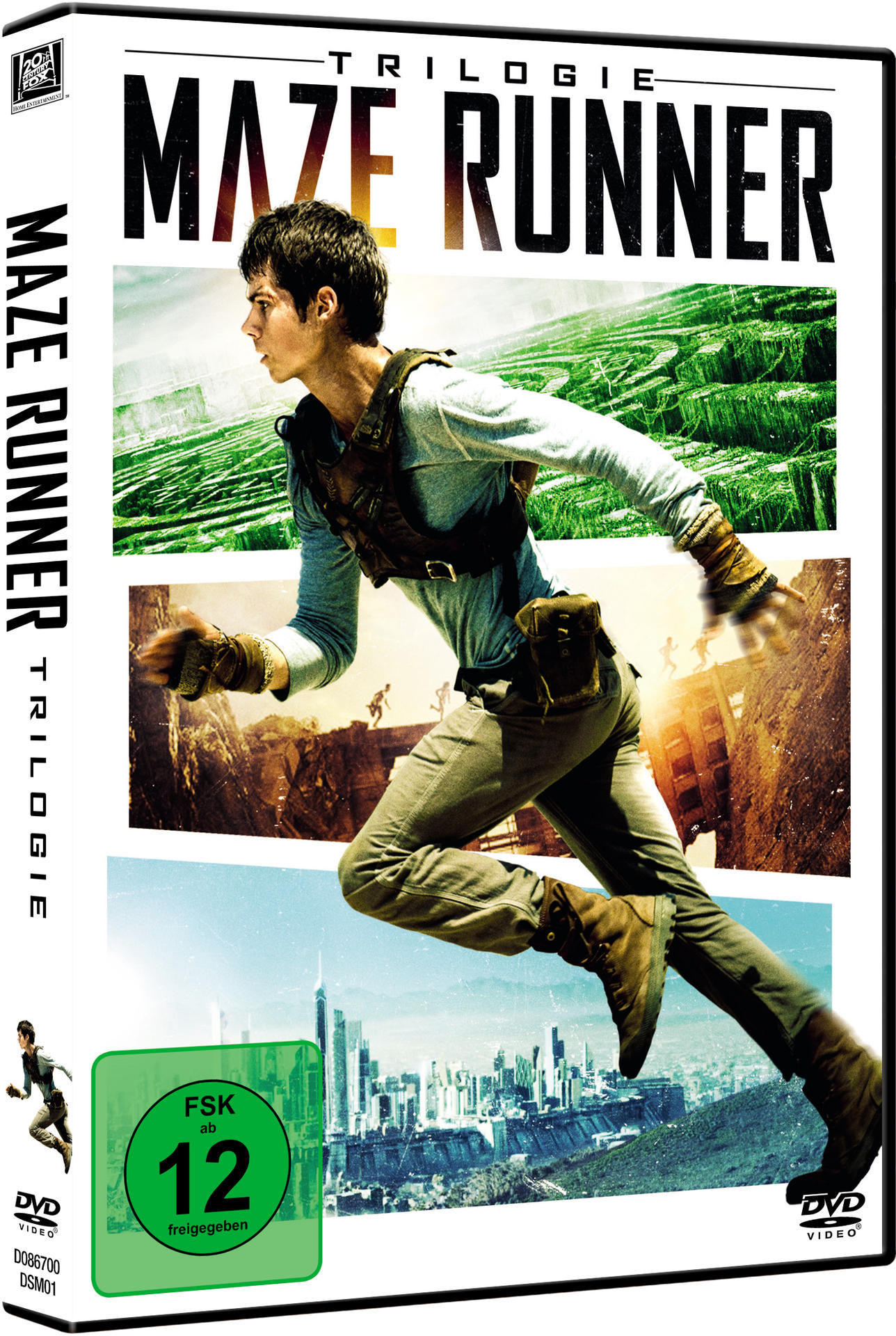 DVD-Cover: Mann, der vor einer zerstörten Struktur rennt, mit einer Stadt im Hintergrund. Titel: Maze Runner.