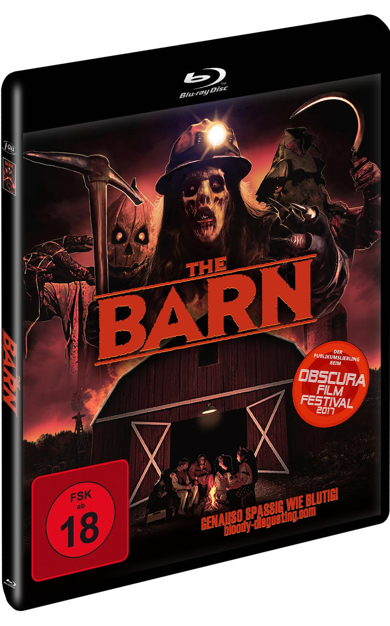 Der Barn-Filmcover. Horrorfiguren auf rotem Hintergrund. Der Titel ist in großen Buchstaben.