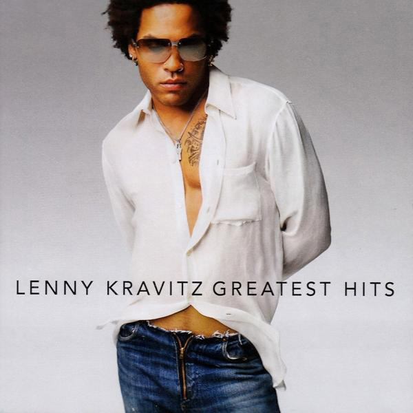 Lenny Kravitz Albumcover. Kravitz in einem weißen Hemd und Sonnenbrille. Darunter steht "Greatest Hits".
