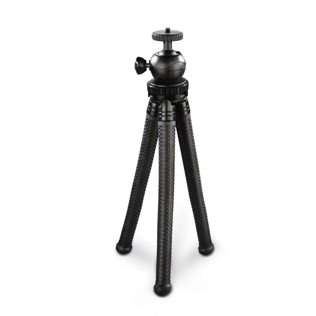Schwarzes Mini-Stativ mit flexiblen Beinen auf weißem Hintergrund.