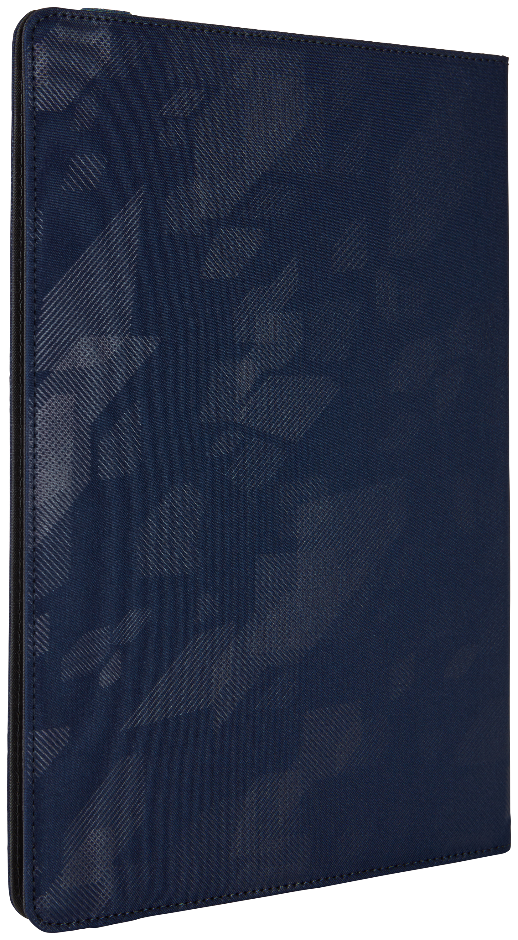 Marineblauwe tablethoes met een gestructureerd geometrisch patroon.