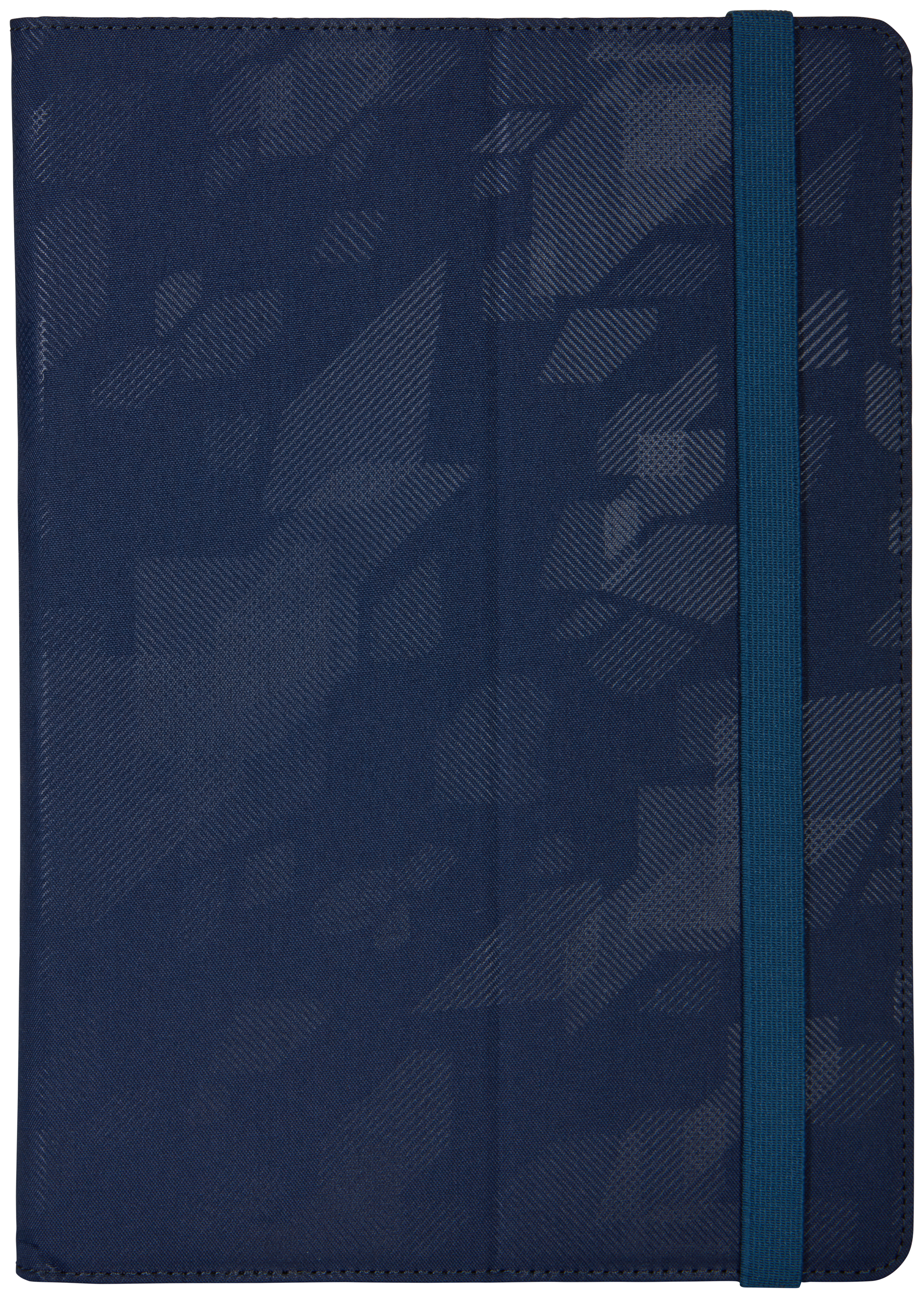 Blauwe notitieboekcover met abstract patroon en een elastiek. Witte achtergrond.