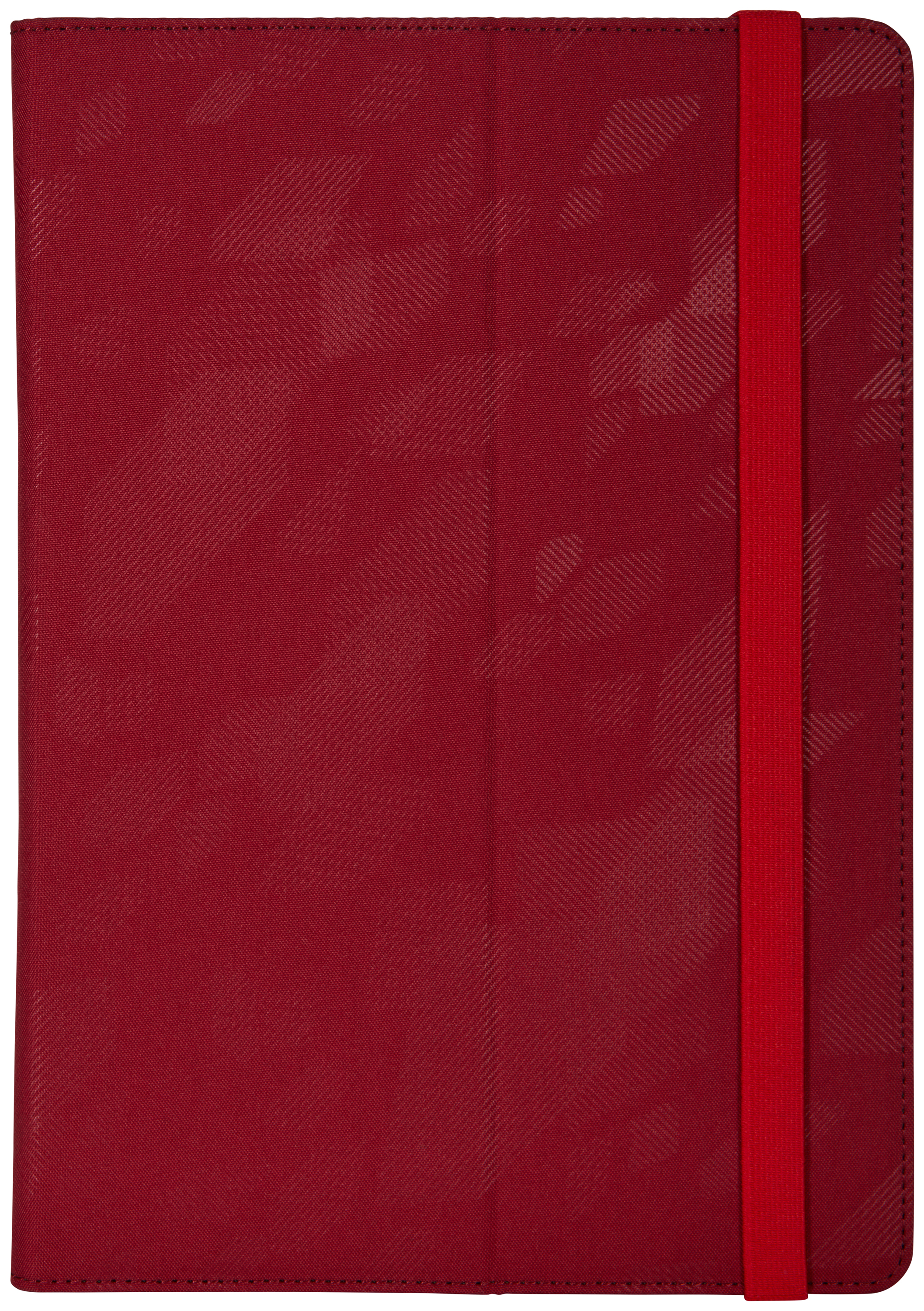 Cahier rouge avec une bande élastique rouge. La couverture a un motif texturé.