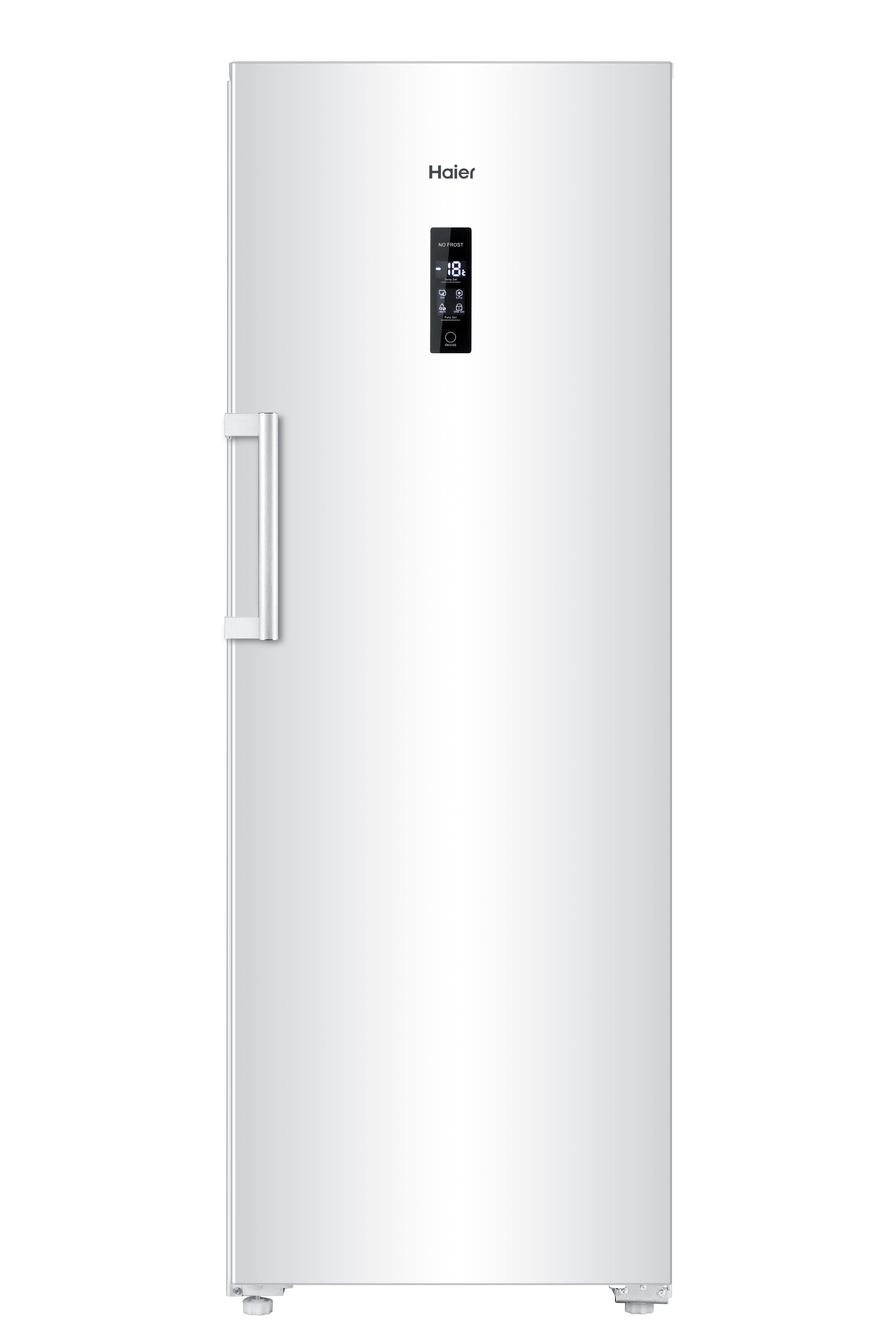 Ein hoher, weißer Haier-Kühlschrank mit digitaler Anzeige und silbernem Griff.