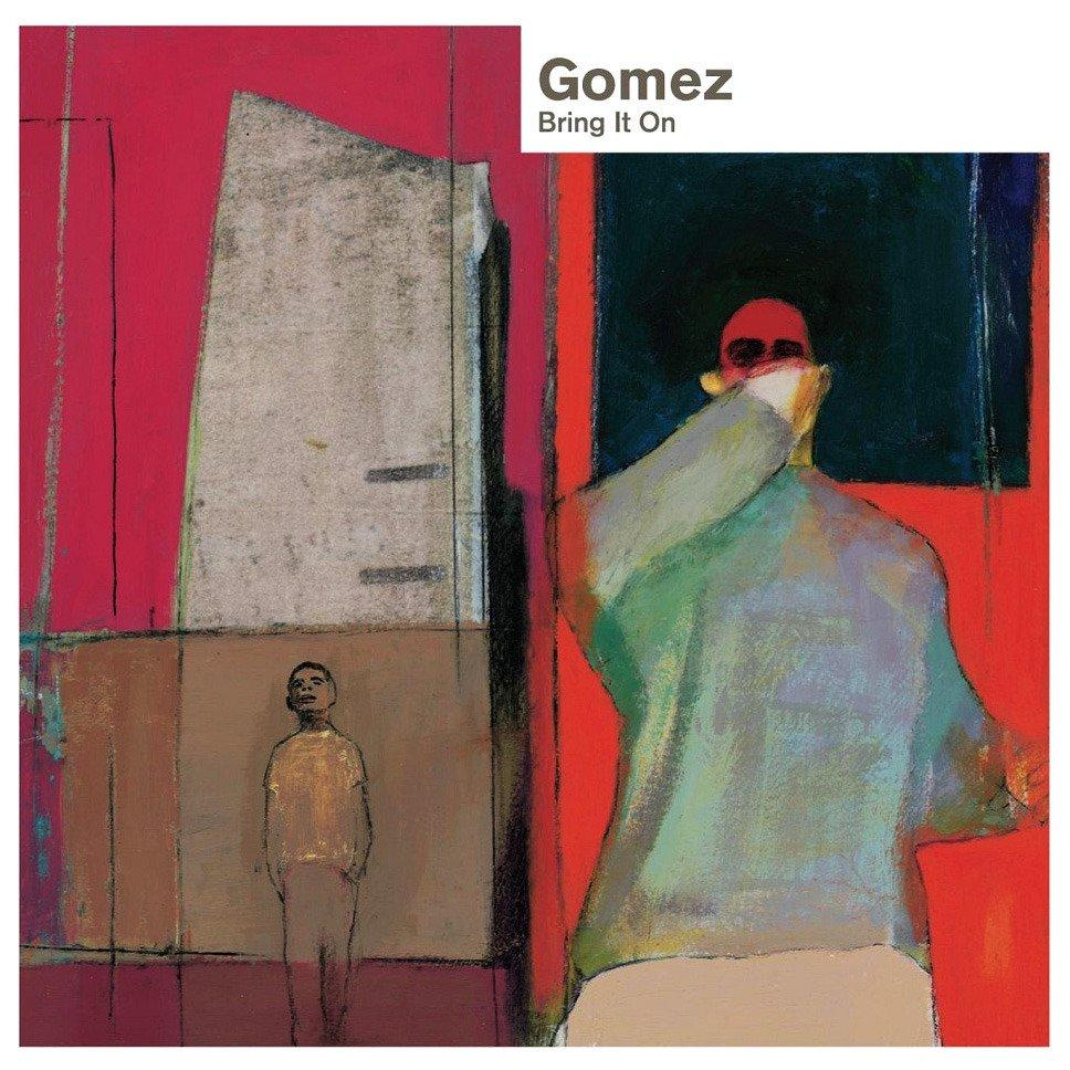 Pochette d'album avec de l'art abstrait en rouge, blanc et bleu. Deux figures sont dans l'image.