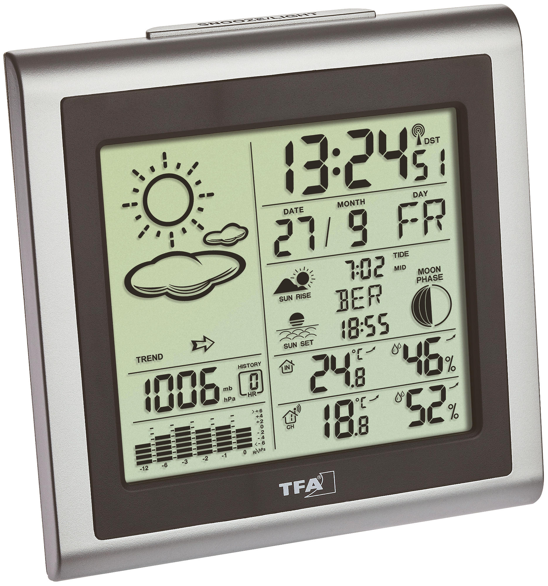 Silber-schwarze Wetterstation. Zeigt Zeit, Datum und Wetterbedingungen digital an.