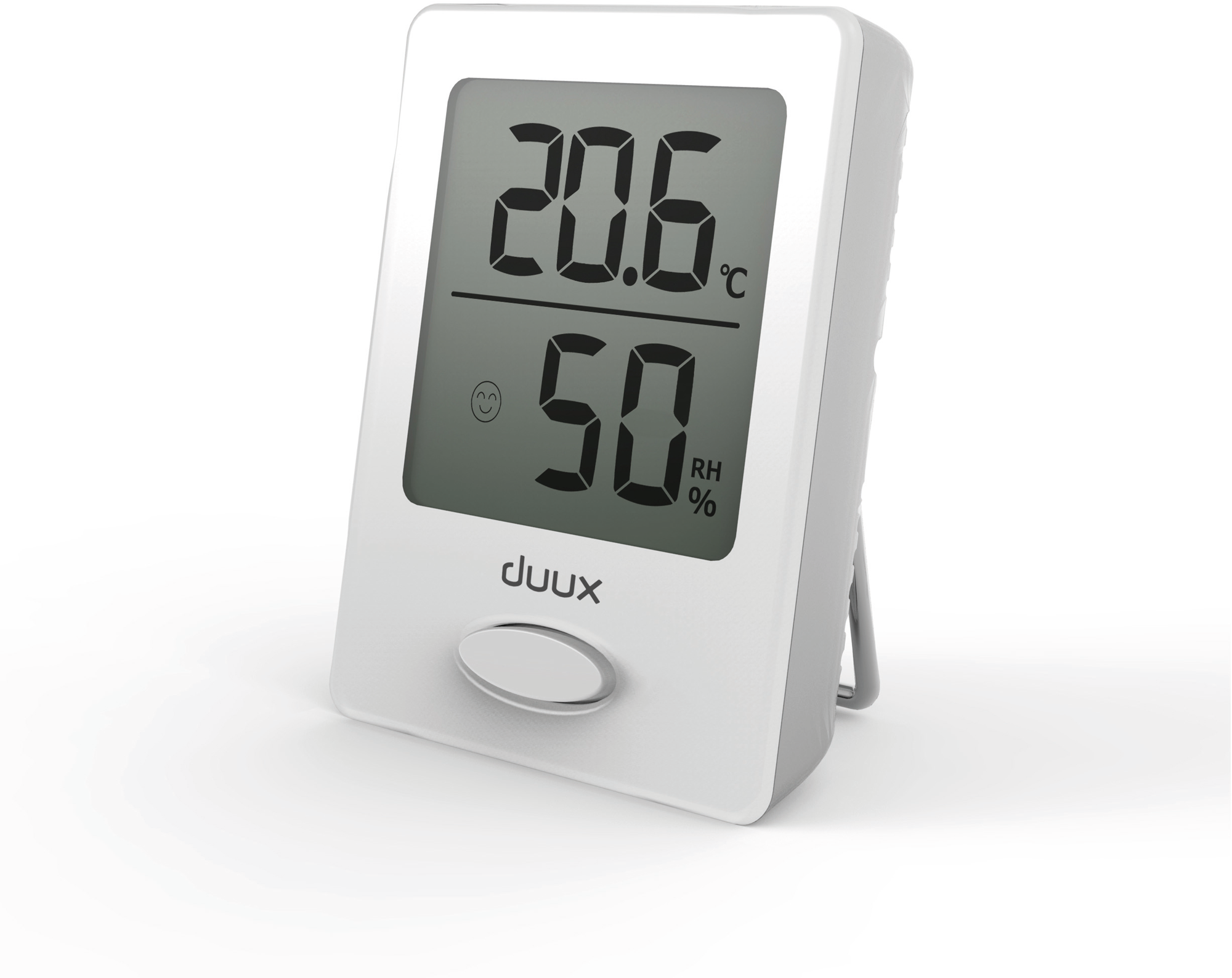 White digital thermometer showing 20.6°C and 50% RH.