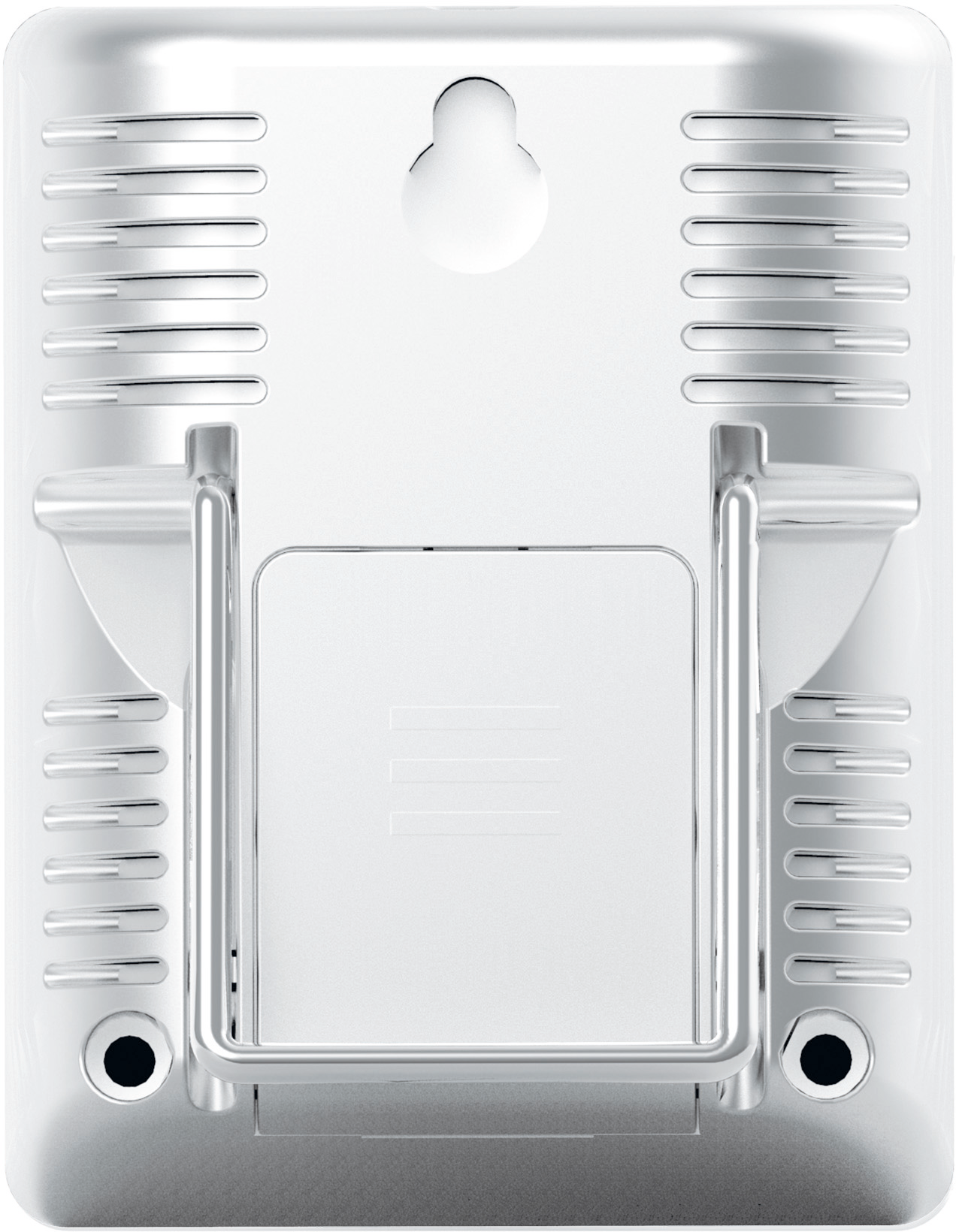 The back of a device with ventilation slots, a hanging hook, and a bracket. White background.