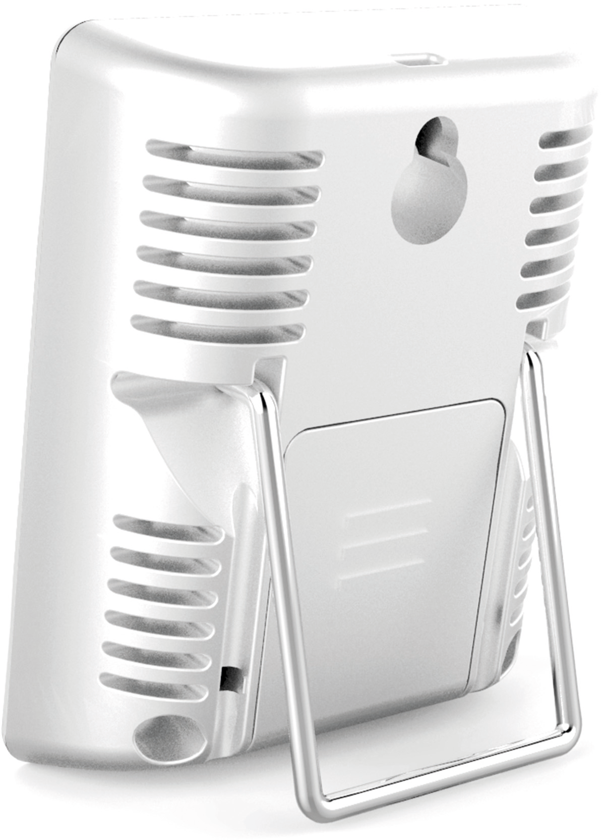 White device with a stand, vents, and a hole for hanging, rear view.