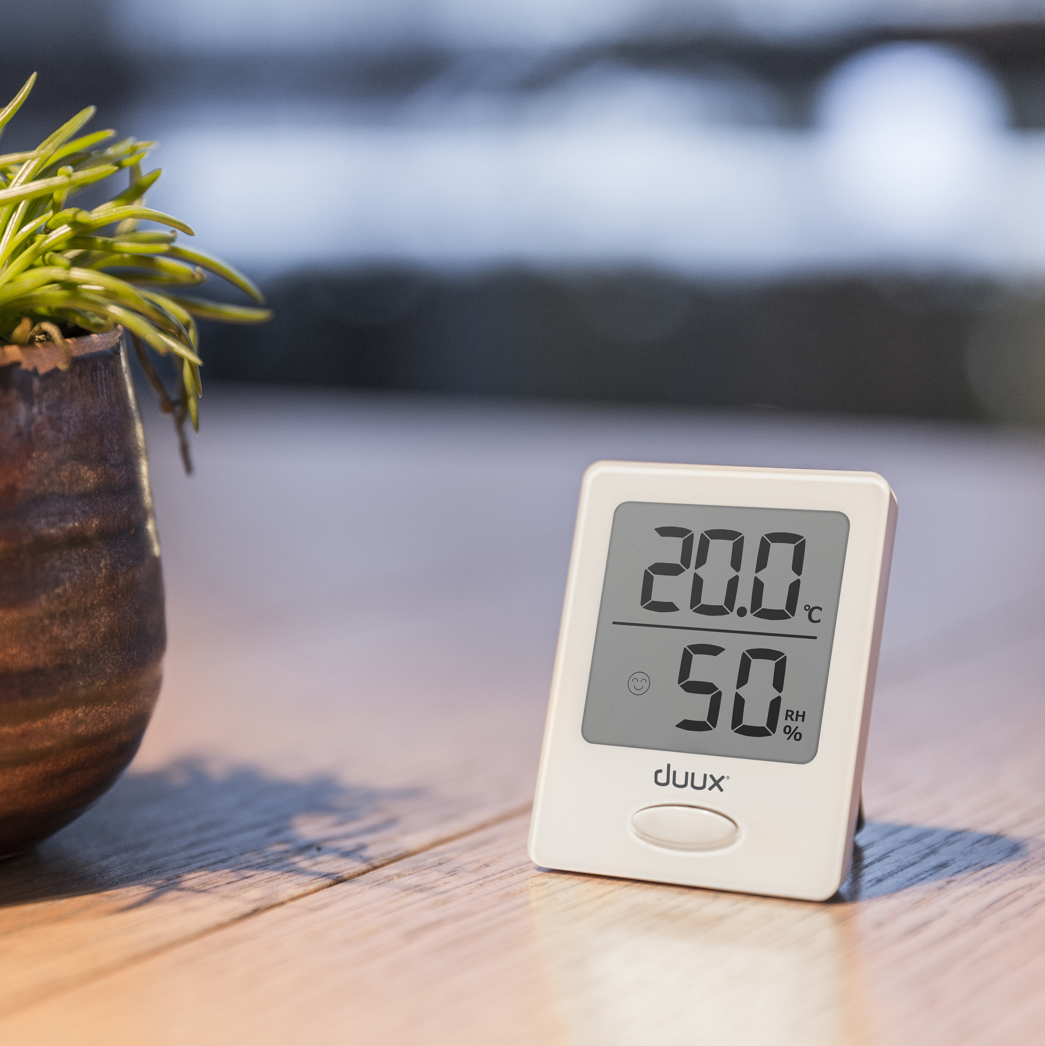 A white digital thermometer displaying 20.0°C and 50% RH, next to a plant in a brown pot.