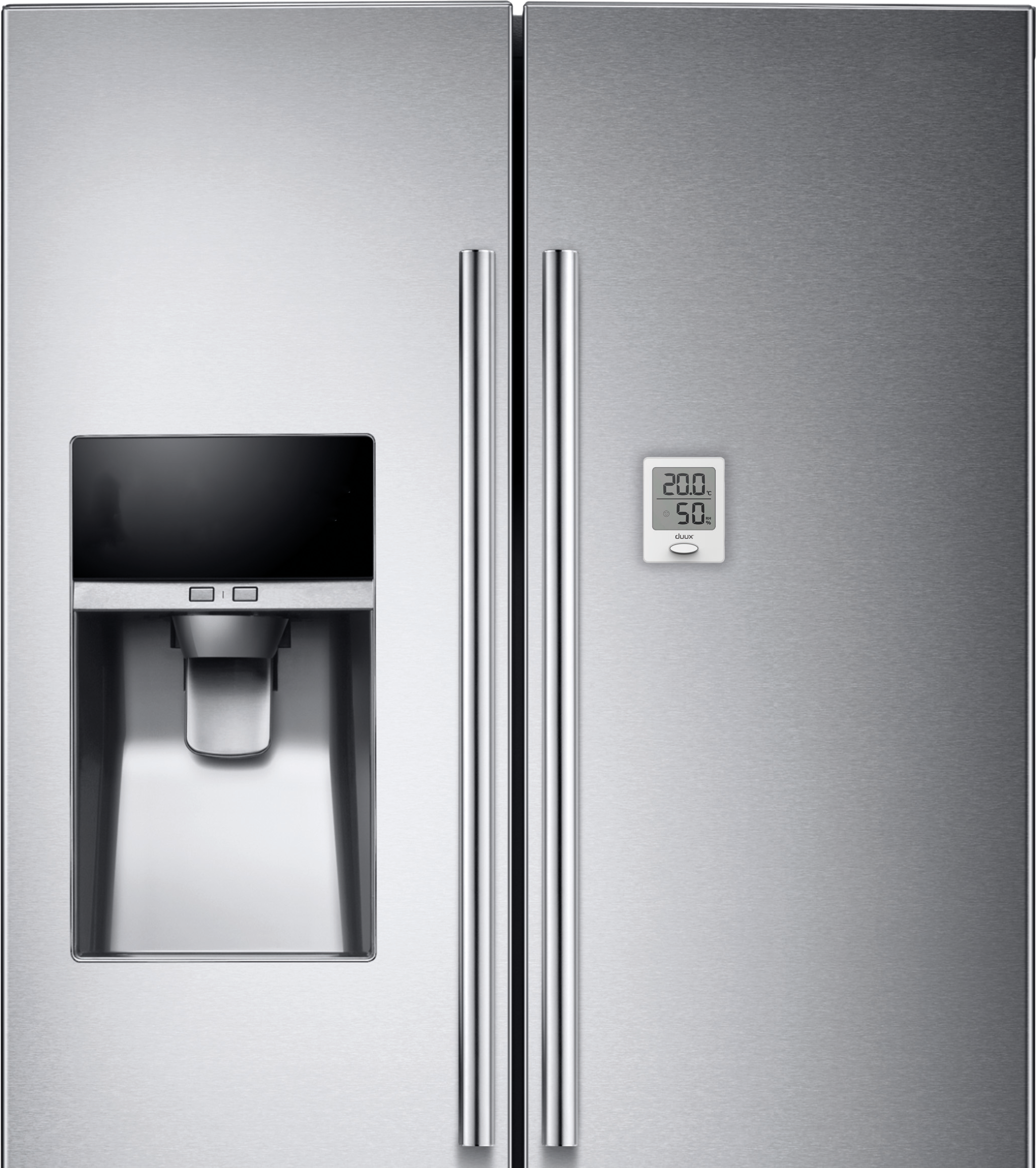 Stainless steel refrigerator with a dispenser on the left and a temperature display on the right.