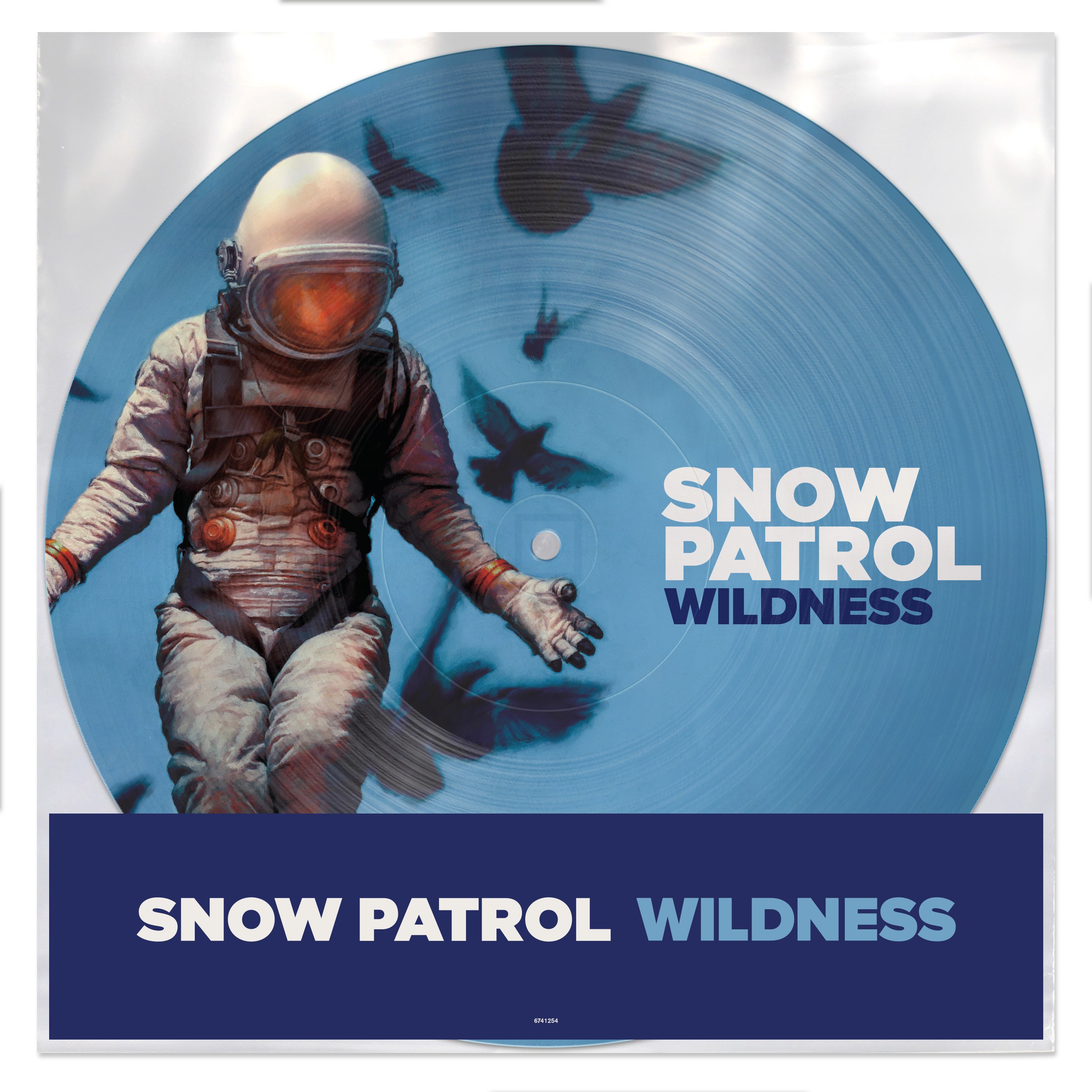 Snow Patrol Albumcover. Eine blaue Schallplatte mit einem Astronauten und fliegenden Vögeln. Text: Snow Patrol Wildness.