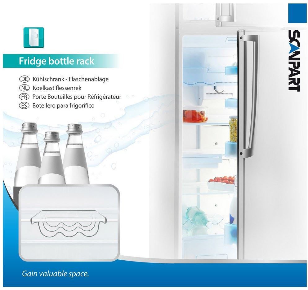 A refrigerator bottle rack, with bottles in it. The fridge is open. The background is white.
