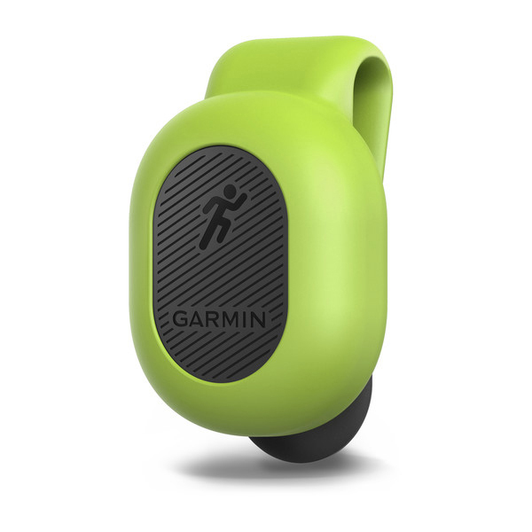 Grüner Garmin Laufpod mit schwarzem Logo auf weißem Hintergrund.