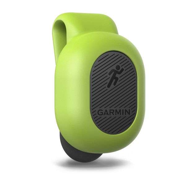 Grüner Garmin Laufsensor mit schwarzem Knopf und Clip. Es ist auf weißem Hintergrund.