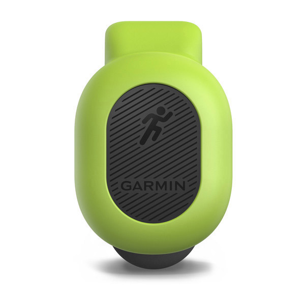 Grüner Garmin Laufdynamiksensor. Schwarzes Laufsymbol auf der Vorderseite.