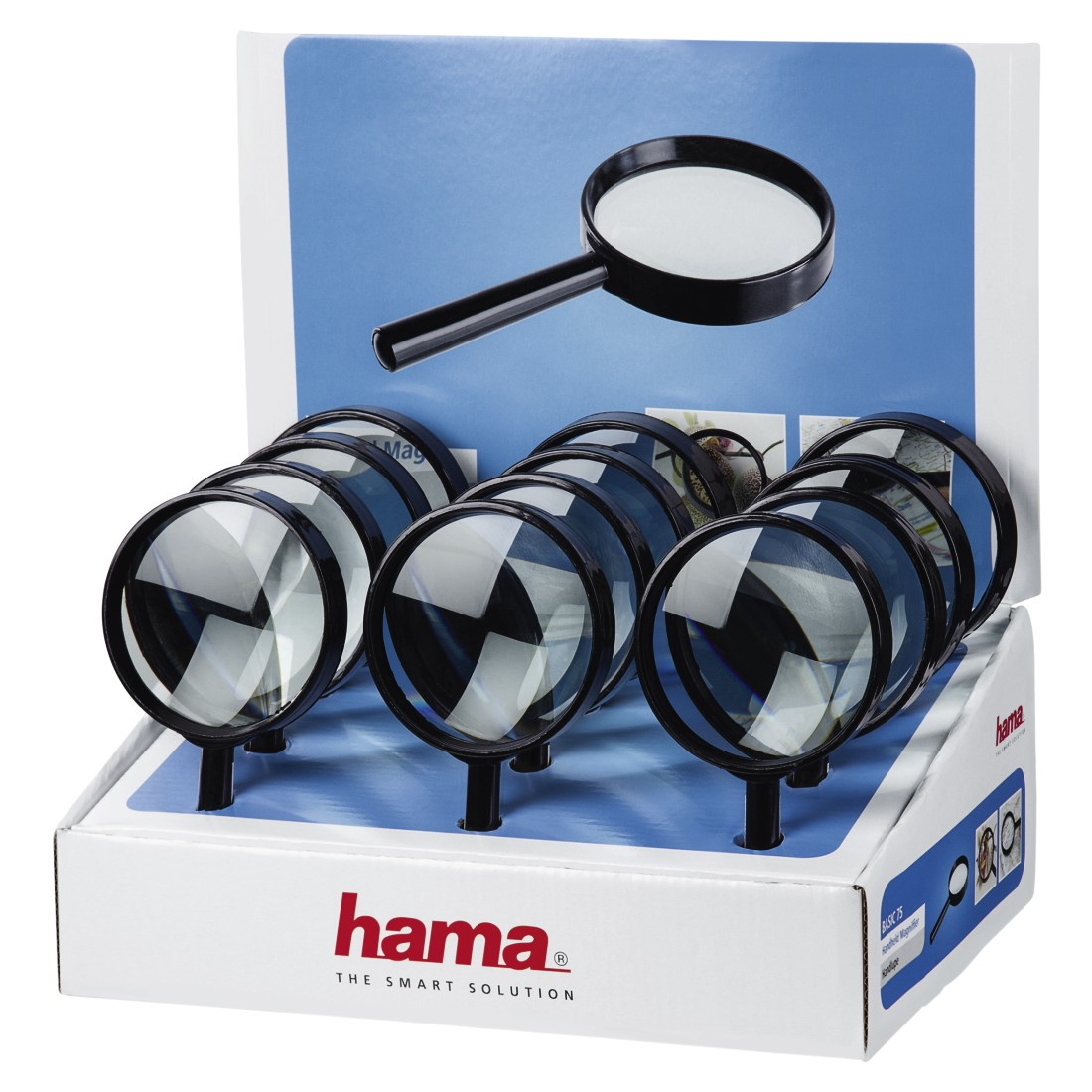 Eine Displaybox mit mehreren Lupen. Auf der Box steht der Markenname "hama".