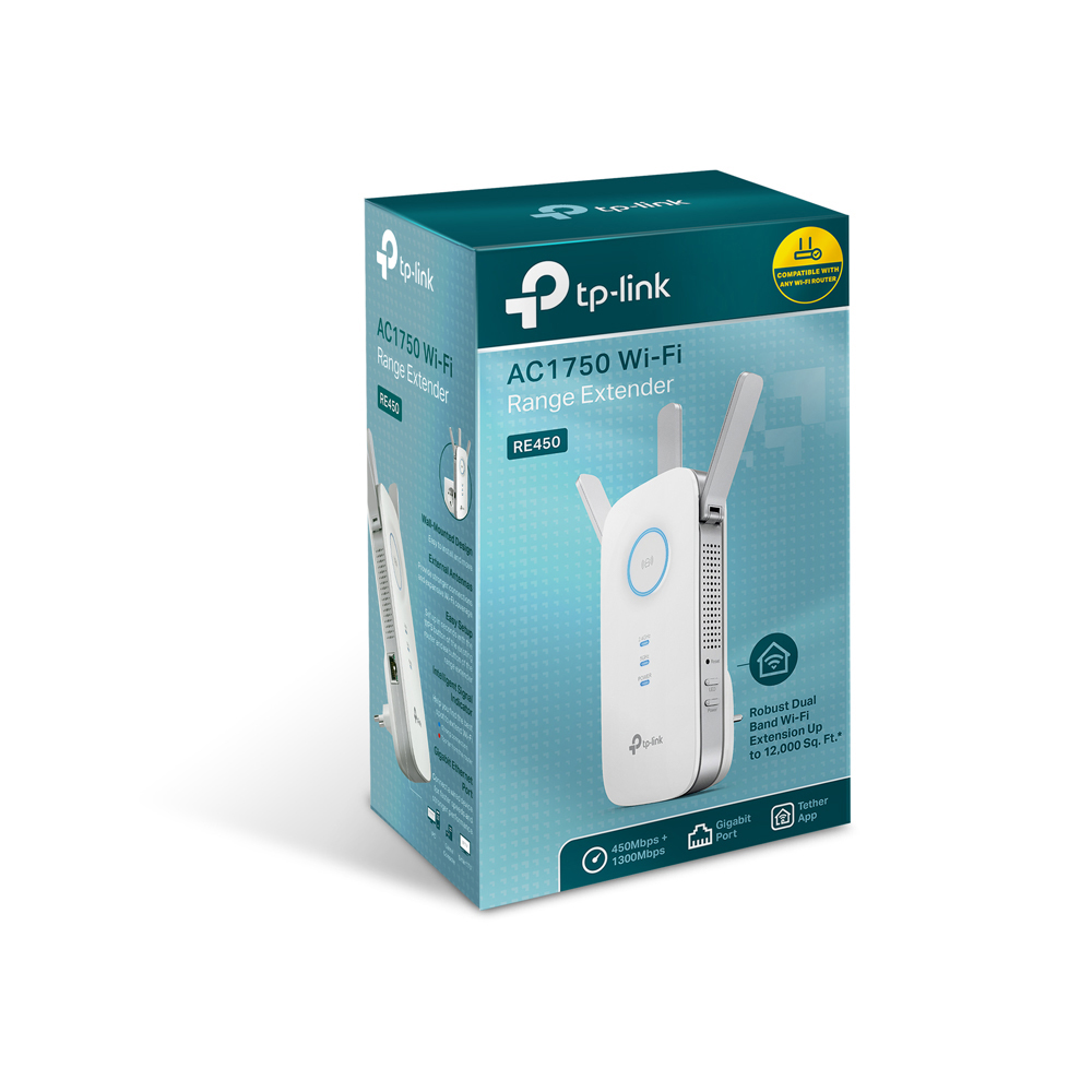 TP-Link AC1750 Wi-Fi Range Extender Box mit Wi-Fi Range Extender.