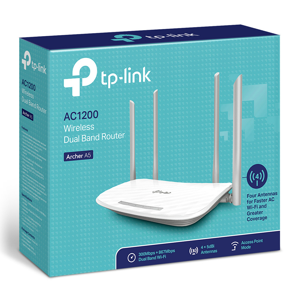 Tp-link Wireless Dual Band Router Box mit Antennen und Funktionen aufgeführt.
