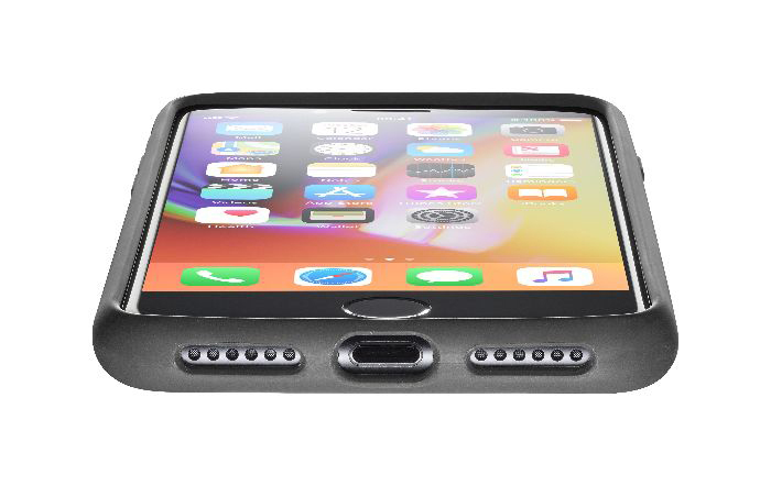Ein schwarzes iPhone in einer schwarzen Hülle. Der Bildschirm zeigt App-Symbole.