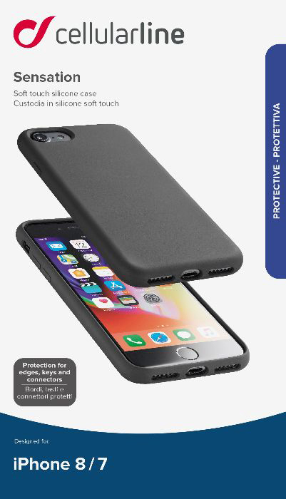 Eine Handyhülle mit einem Handy. Die Hülle ist dunkelgrau und das Handy hat eine App auf dem Bildschirm.