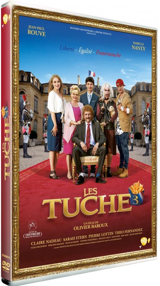 Couverture DVD de "Les Tuche 3". Groupe de personnes devant un palais. Titre et acteurs sont visibles.