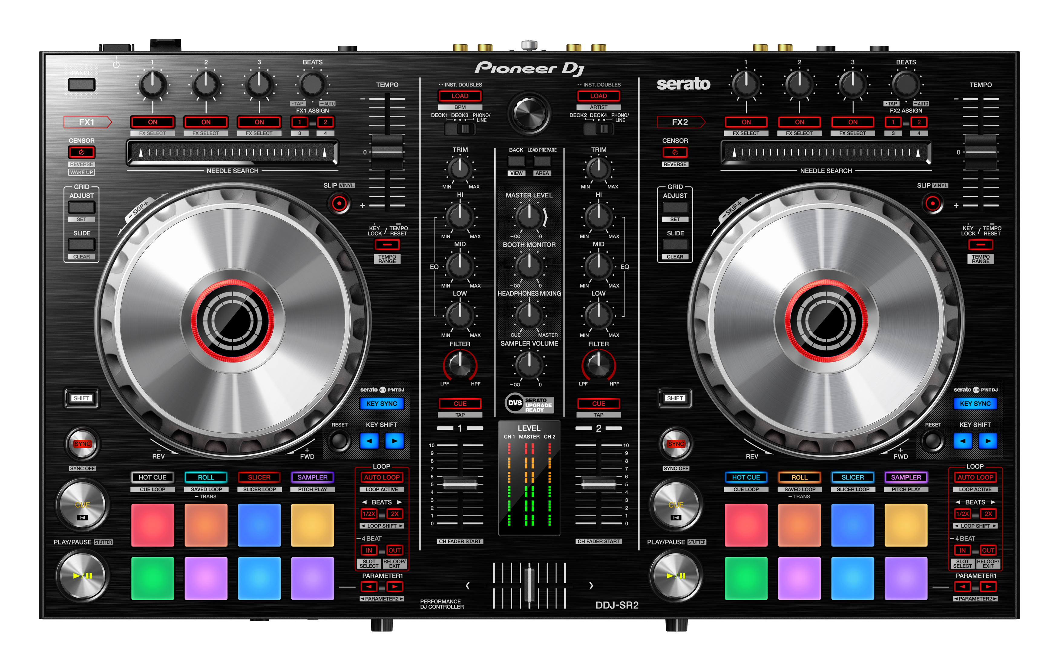 Ein schwarzer Pioneer DJ-Controller mit silbernen Jogwheels, Knöpfen, Reglern und einem Mixer.