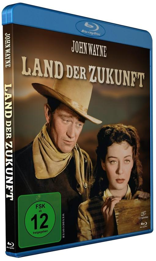 Blu-ray-Filmcover: John Wayne und eine Frau, betitelt Land der Zukunft.