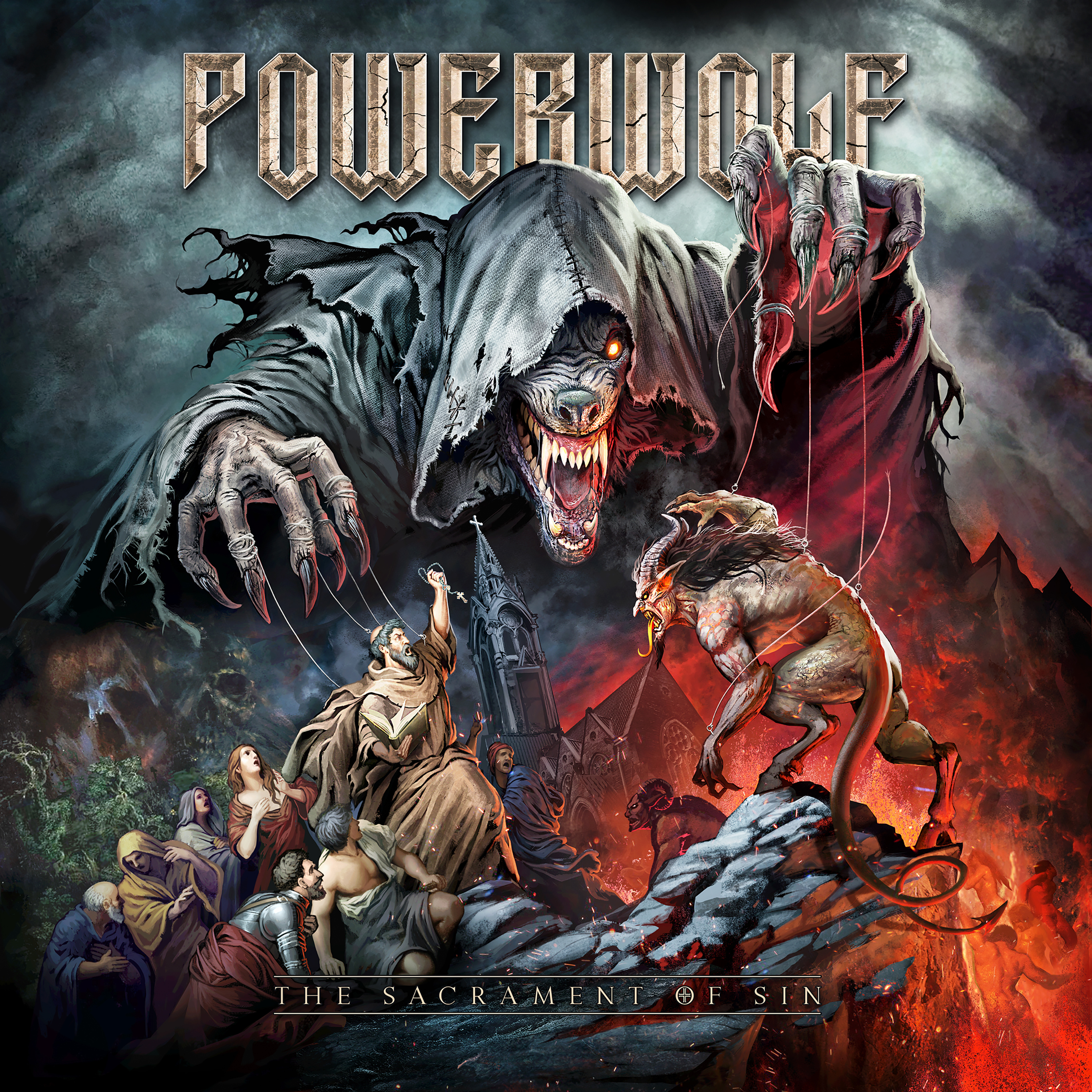 Powerwolf-Albumcover: Eine wolfsähnliche Gestalt, die sich über Figuren erhebt, mit einer Kirche im Hintergrund.