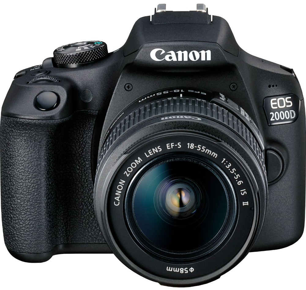 Appareil photo Canon EOS 2000D avec objectif, corps noir et marque Canon.