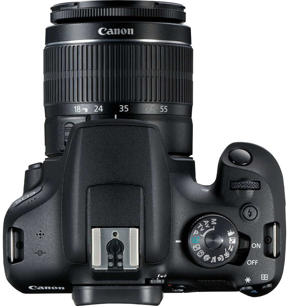 Vue de dessus d'un appareil photo Canon EOS noir avec objectif. Commandes visibles.