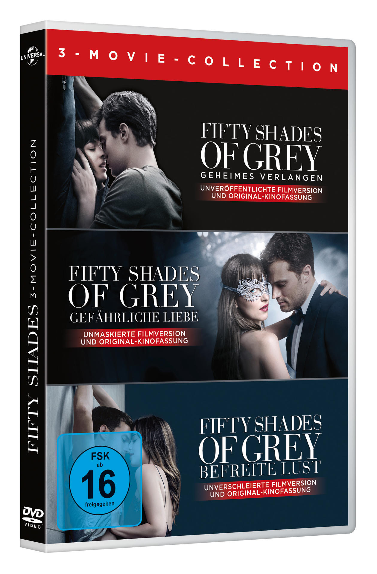 DVD-Hülle mit drei Filmen von Fifty Shades of Grey. Das Cover zeigt Filmtitel und Bilder.