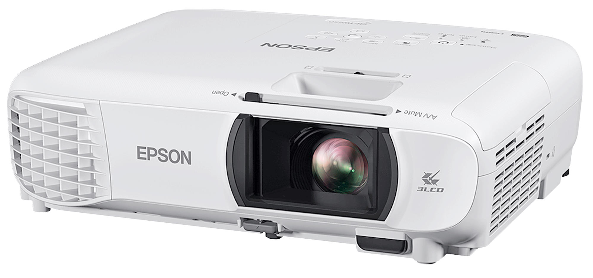 Un proyector Epson blanco con lente, botones y logotipos, en ángulo sobre un fondo blanco.
