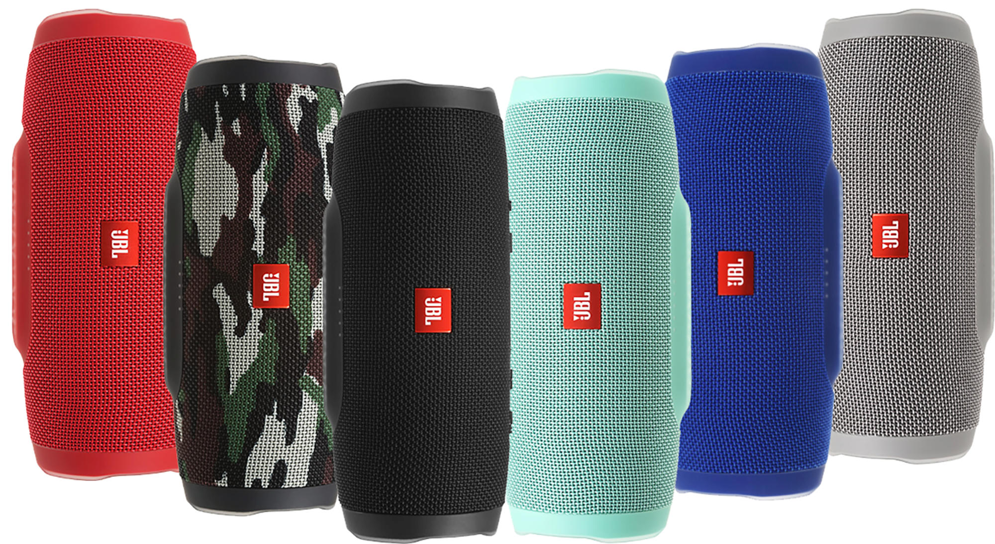Eine Reihe von sechs JBL-Lautsprechern in verschiedenen Farben, mit dem JBL-Logo.