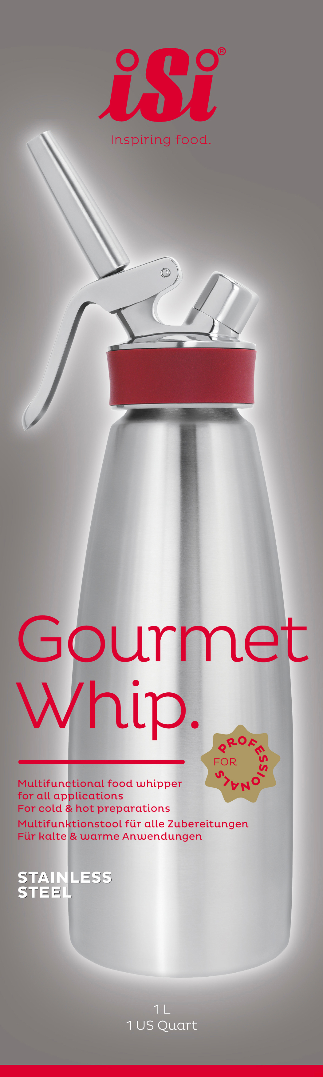 Edelstahl-Gourmet-Schlagsahne mit roten Akzenten und Text.