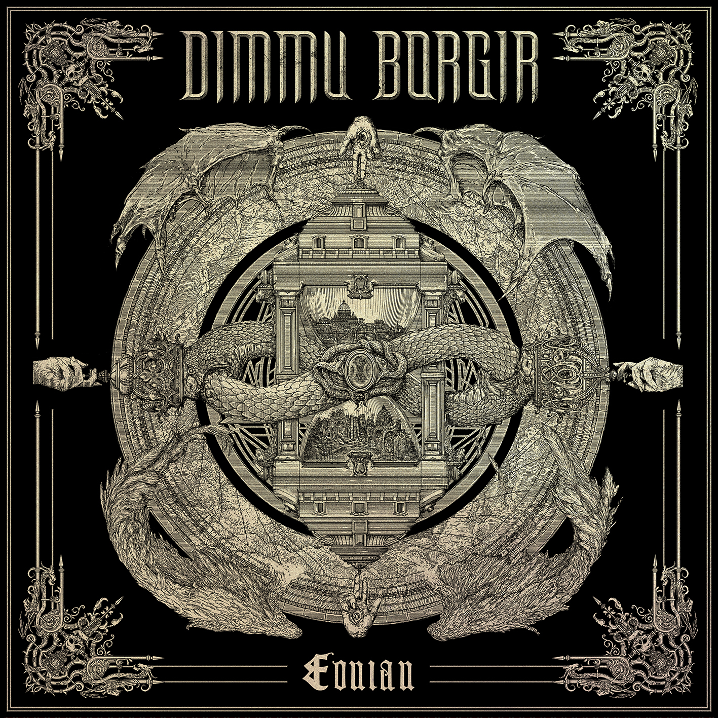Album borító díszes szegéllyel, szöveg: Dimmu Borgir, Enonian, sárkányok és bonyolult design.