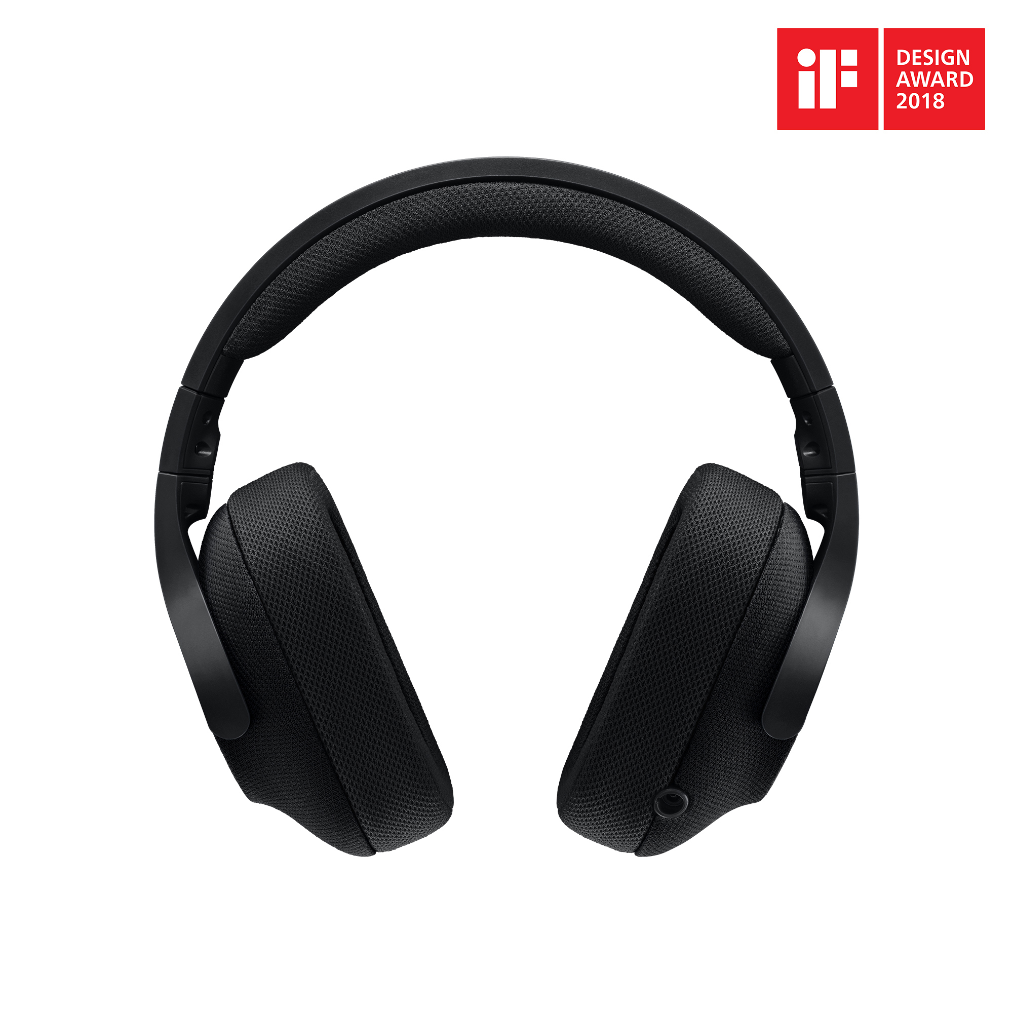 Schwarze Kopfhörer mit weichem Mesh-Bezug. Ein rotes Designauszeichnungslogo befindet sich oben rechts.