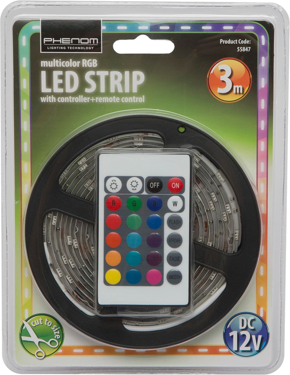 LED szalag távirányítóval, egy tekercsben átlátszó műanyag csomagolásban.
