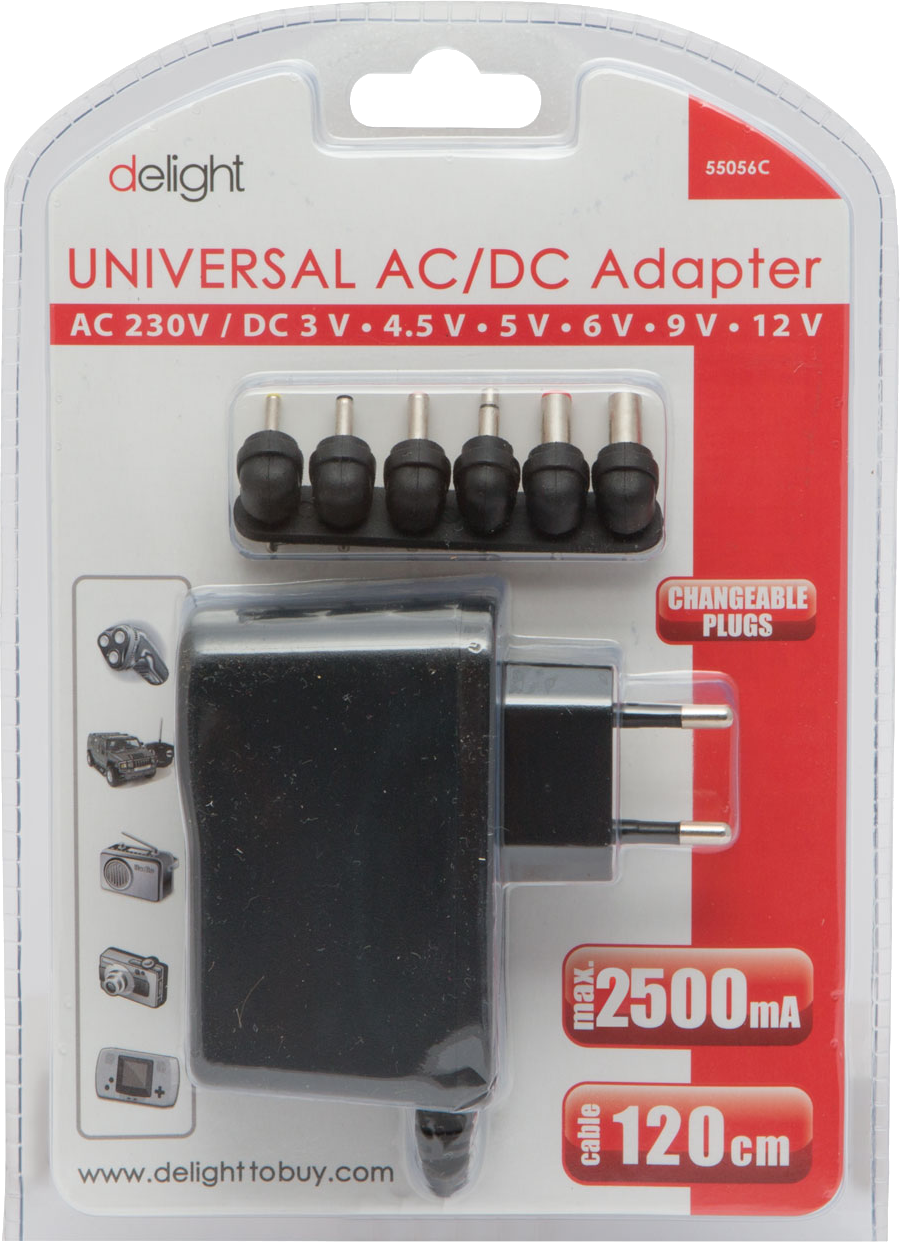 Univerzális AC/DC adapter átlátszó műanyag csomagolásban, különféle cserélhető dugókkal.