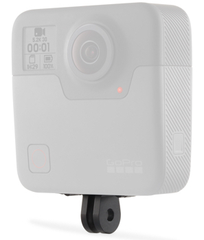 Een zwarte 360-gradencamera met een zwarte houder op een witte achtergrond.
