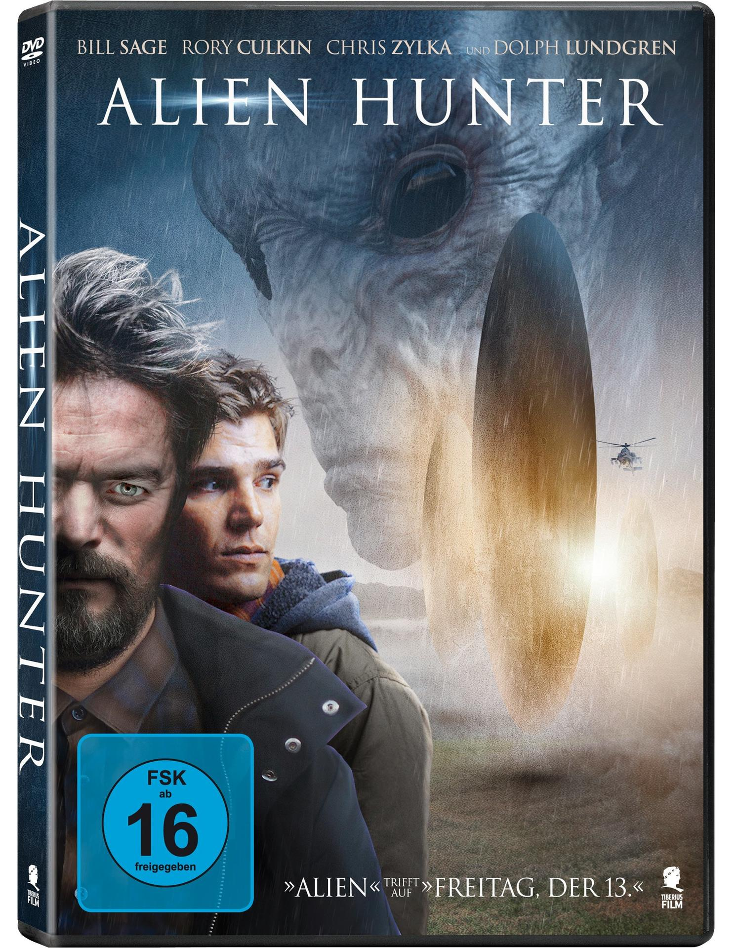 DVD-Cover für Alien Hunter. Zwei Männer mit Alien und Hubschrauber im Hintergrund.