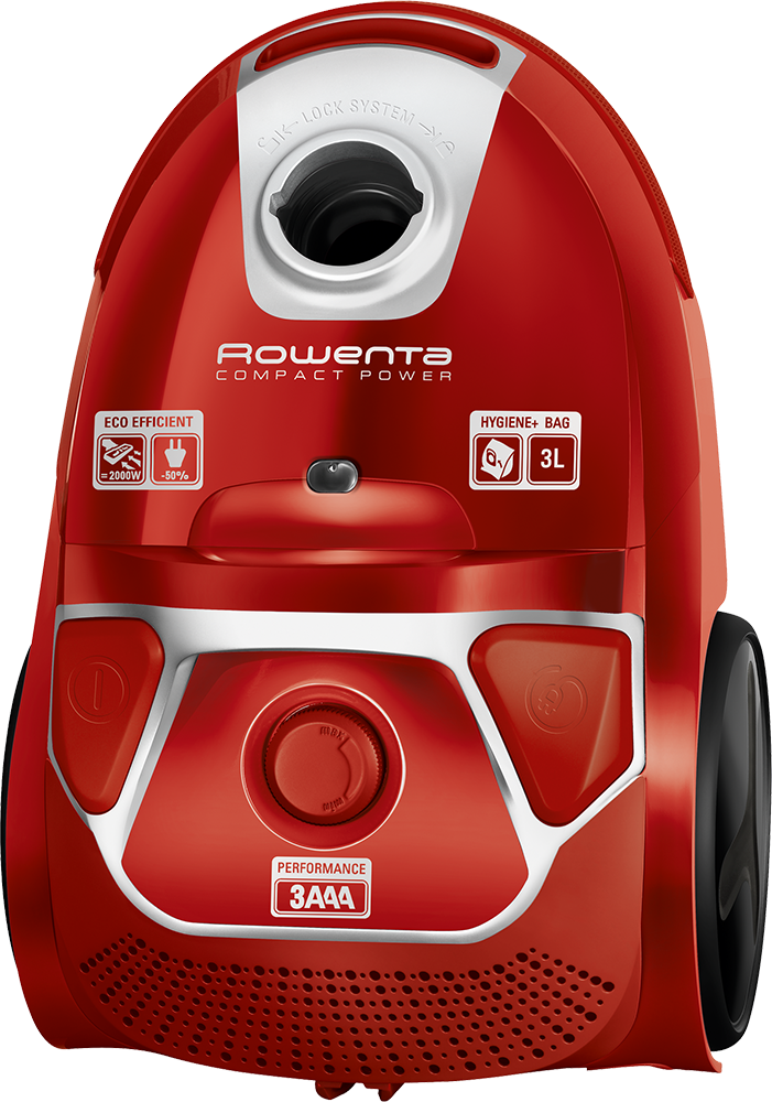Piros Rowenta Compact Power porszívó. Ezüst díszítések. Van zsákja, és öko-hatékony.